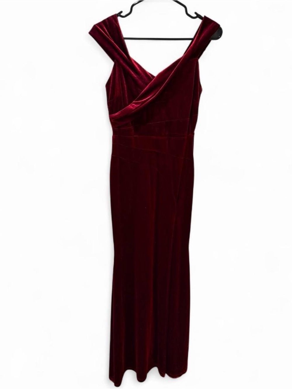 Women's Burgundy Velvet Maxi Dress with Off-Shoulder Draped Neckline